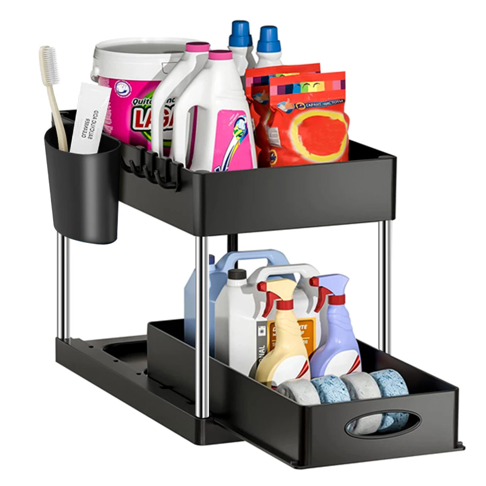 2-Tier Under Sink Sliding Storage Organizer – Pull-Out Kitchen Cabinet Rack