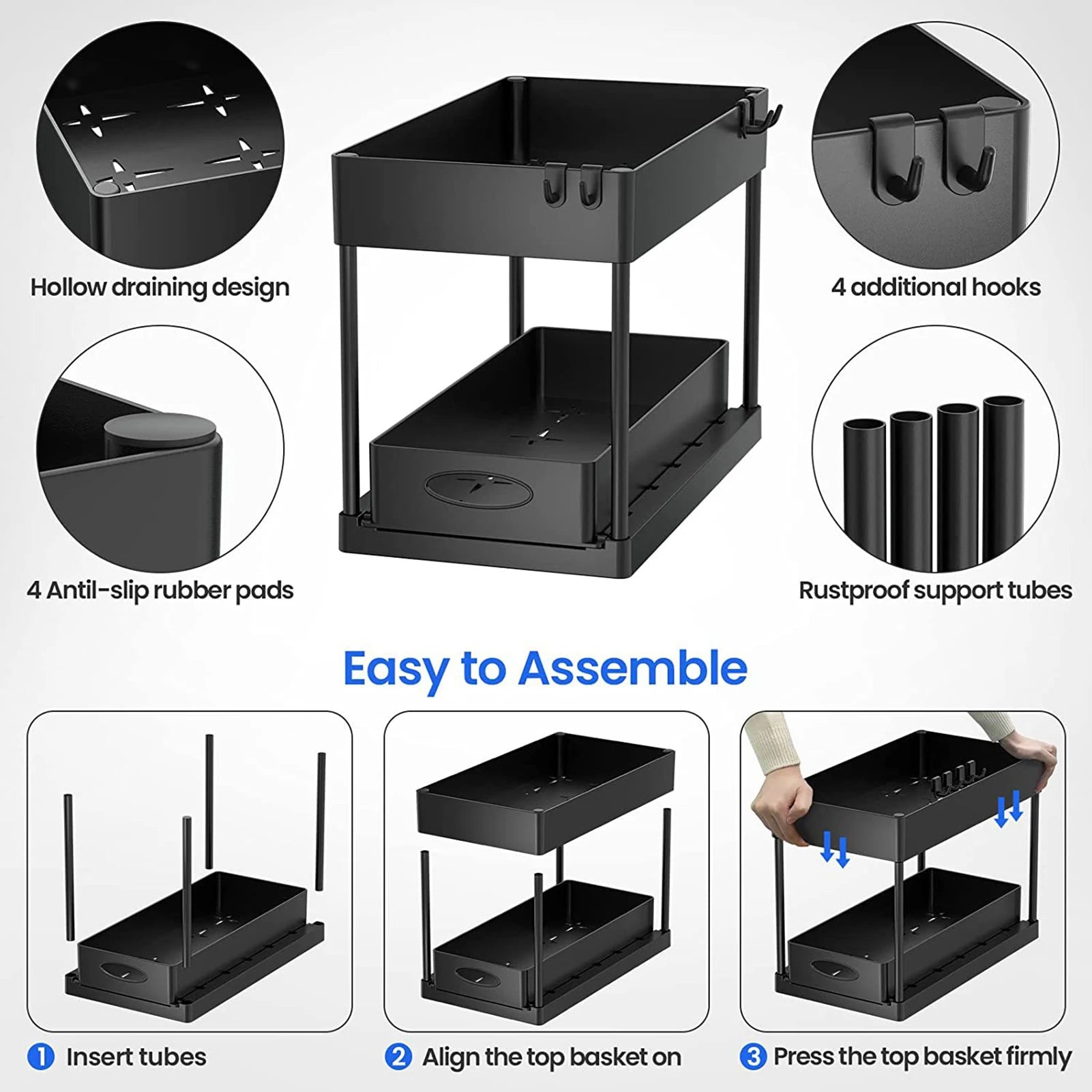 2-Tier Under Sink Sliding Storage Organizer – Pull-Out Kitchen Cabinet Rack