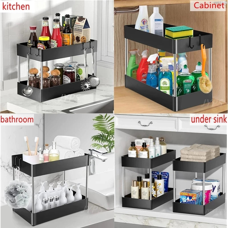 2-Tier Under Sink Sliding Storage Organizer – Pull-Out Kitchen Cabinet Rack