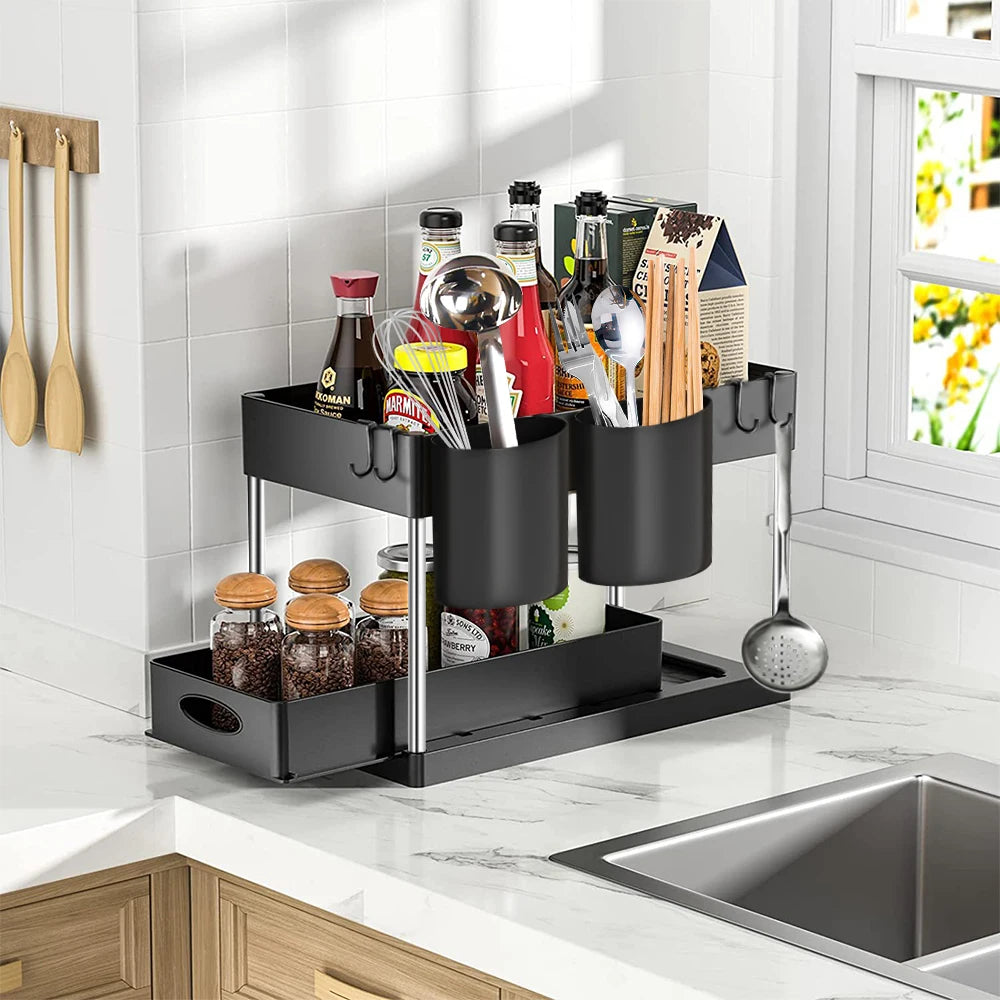2-Tier Under Sink Sliding Storage Organizer – Pull-Out Kitchen Cabinet Rack