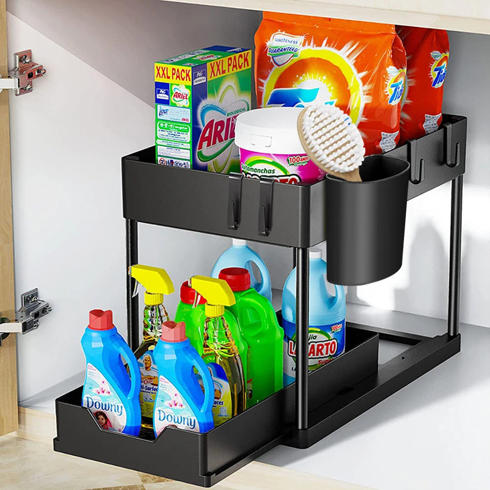 2-Tier Under Sink Sliding Storage Organizer – Pull-Out Kitchen Cabinet Rack