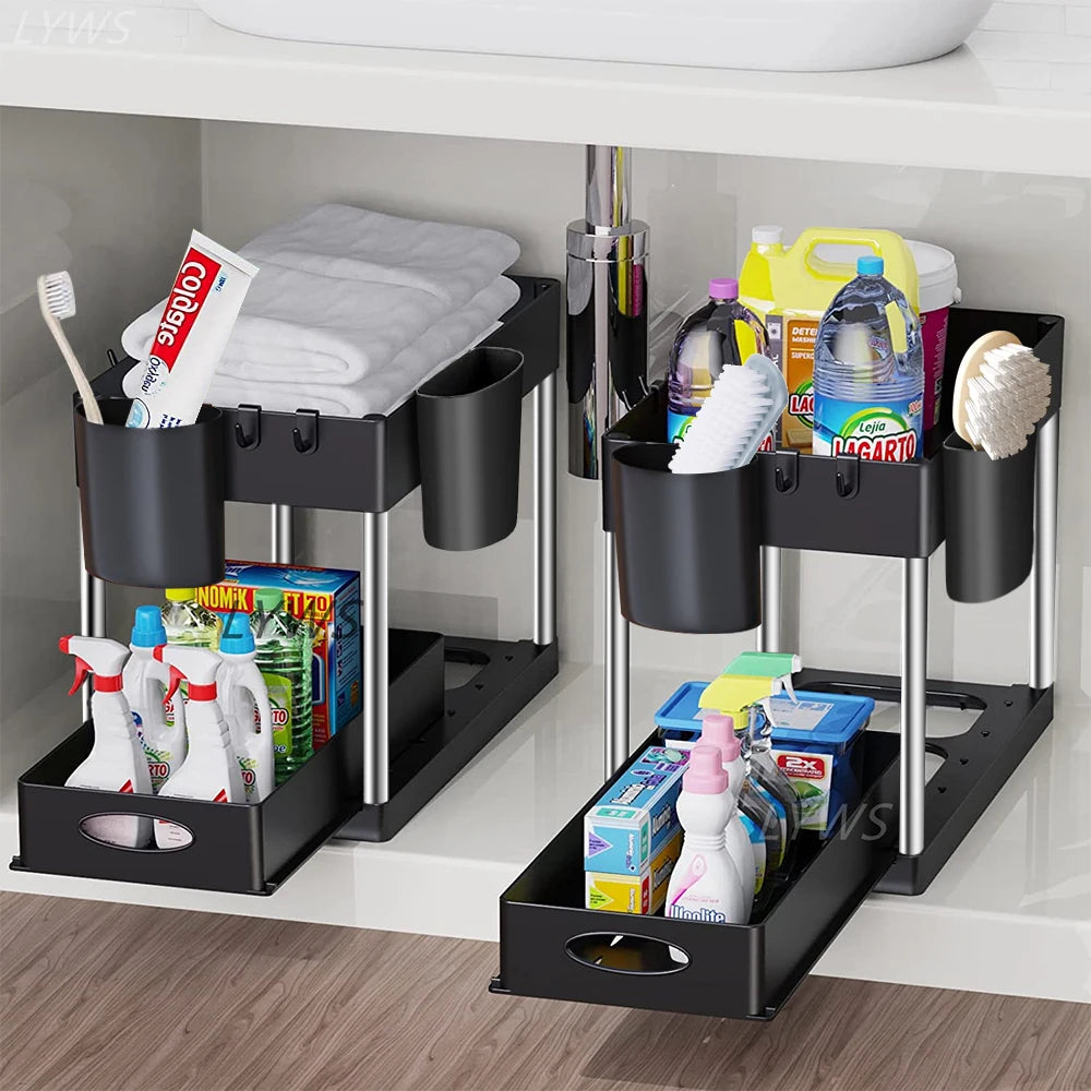 2-Tier Under Sink Sliding Storage Organizer – Pull-Out Kitchen Cabinet Rack