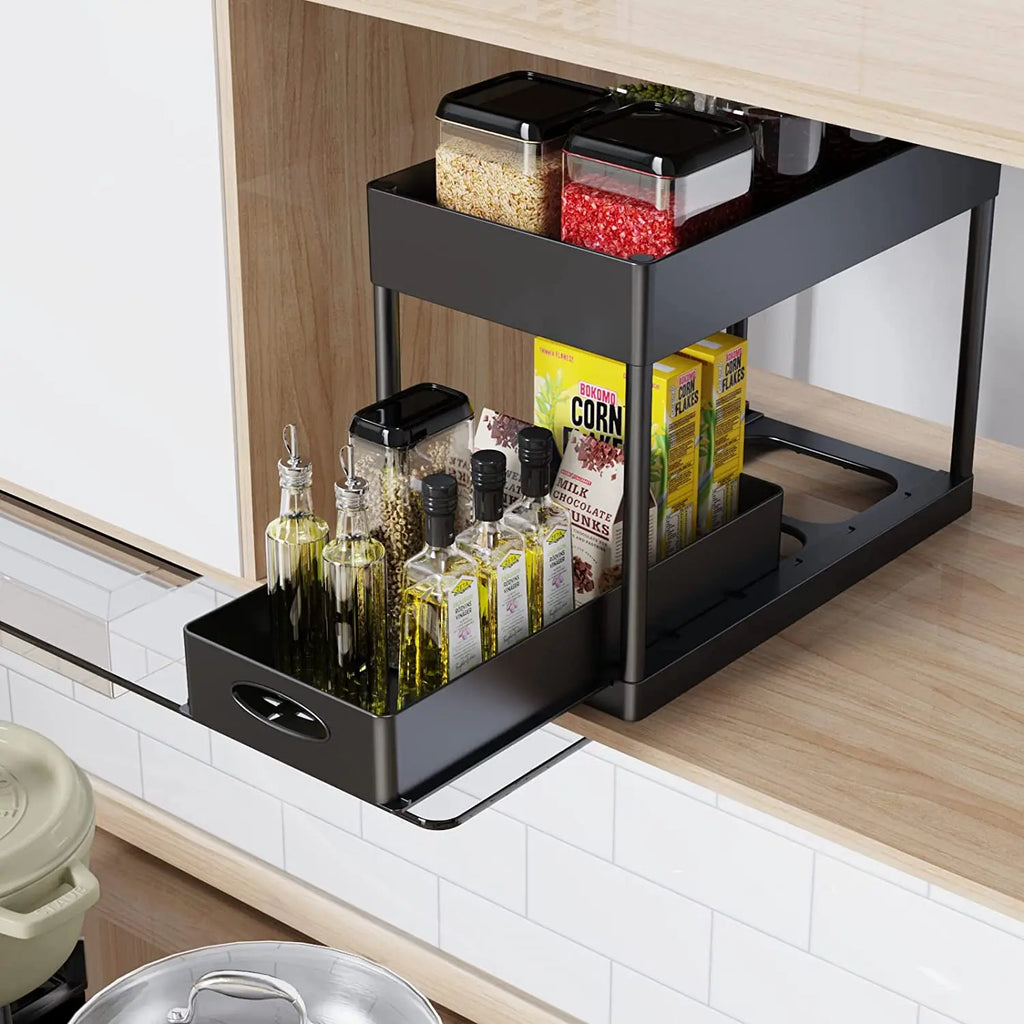2-Tier Under Sink Sliding Storage Organizer – Pull-Out Kitchen Cabinet Rack