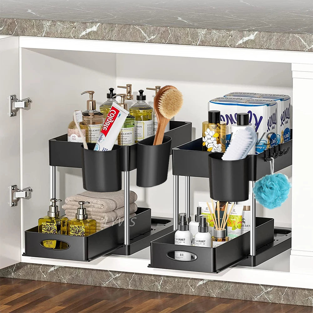 2-Tier Under Sink Sliding Storage Organizer – Pull-Out Kitchen Cabinet Rack